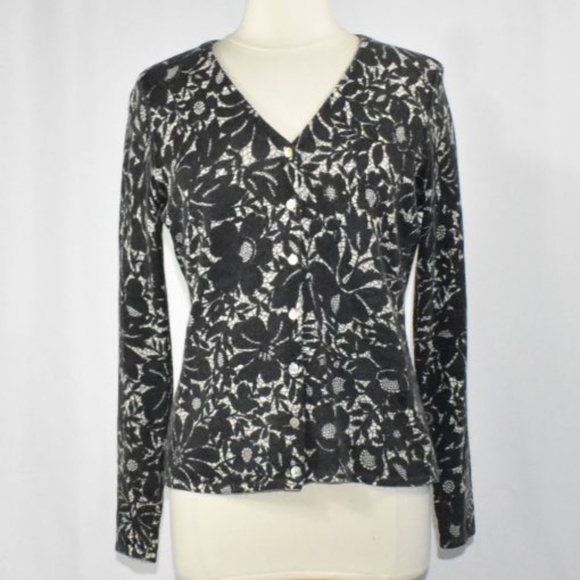 Sarah Spencer Sweaters - Lambs Wool & Angora Black Floral Cardigan MEDIUM Sarah Spencer Sweaters - Lambs Wool & Angora Black Floral Cardigan MEDIUM